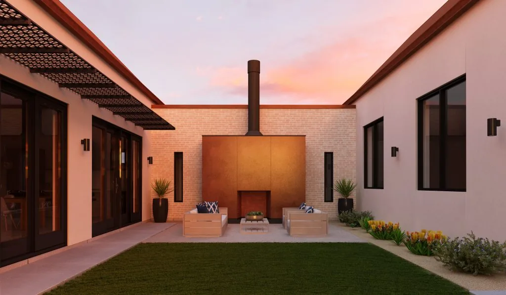 Gerenderde binnenplaats met vuurplaats bij zonsondergang, gemaakt met SU Podium in SketchUp