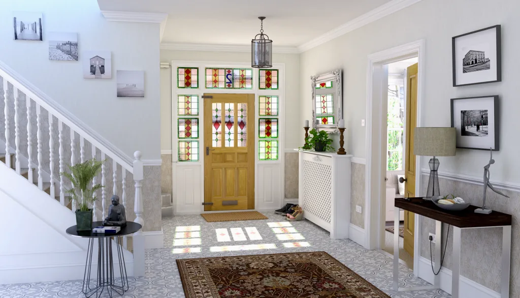 Gerenderde inkomhal met een voordeur met glas-in-lood; het gekleurde licht valt als patroon op de tegelvloer