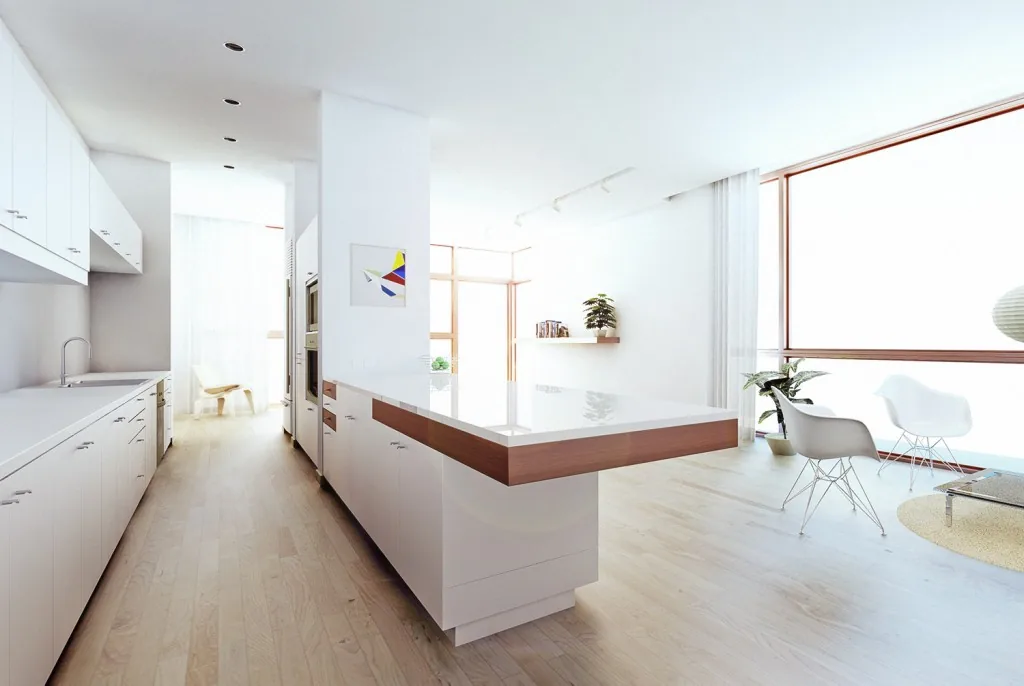 Gerenderde moderne witte keuken met glanzende fronten en reflecties in het werkblad