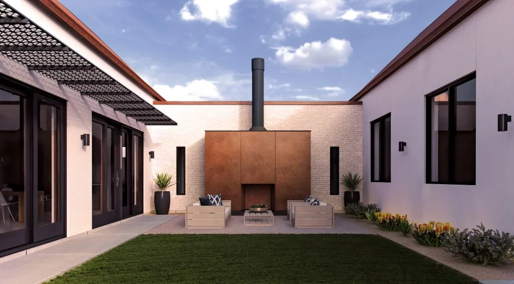 Gerenderde patio met terras en beplanting bij daglicht