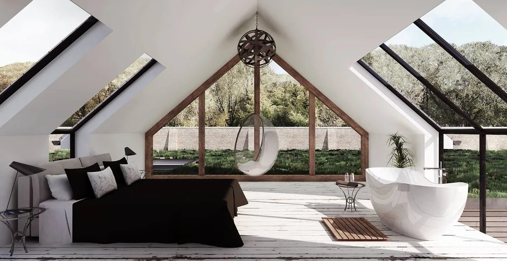 Gerenderde zolderslaapkamer waar daglicht door een groot dakraam naar binnen valt